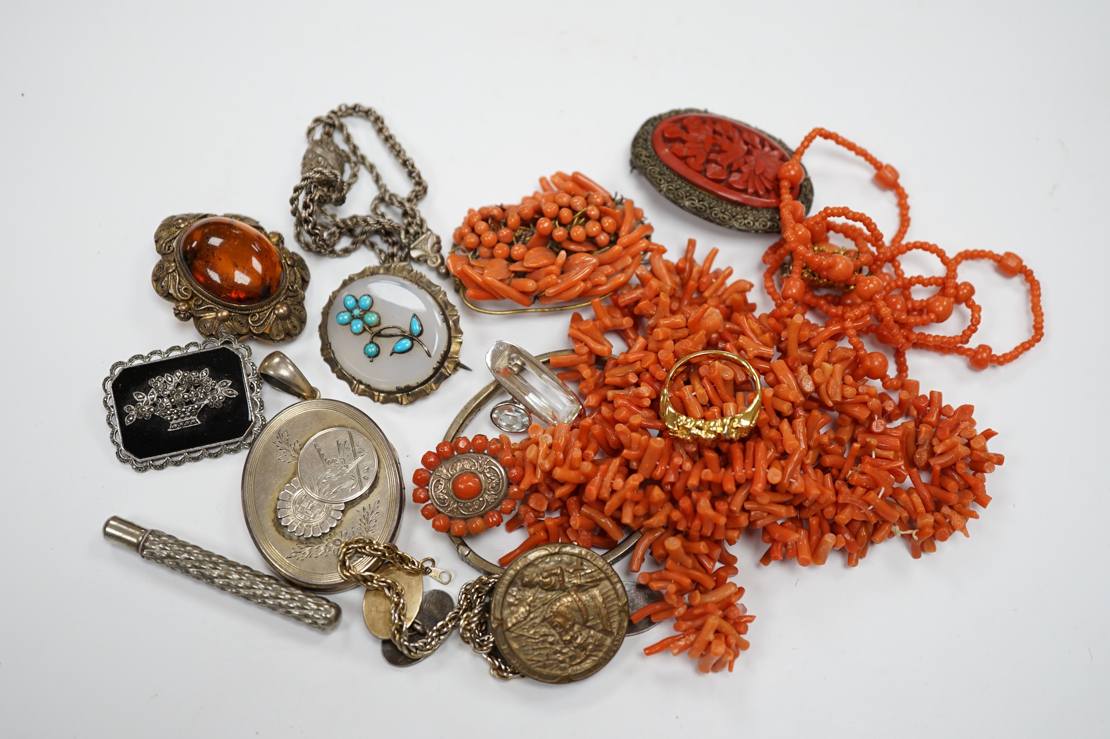 A group of assorted jewellery including costume, coral necklaces, chalcedony and turquoise set brooch, sterling bangle etc. Condition - poor to fair